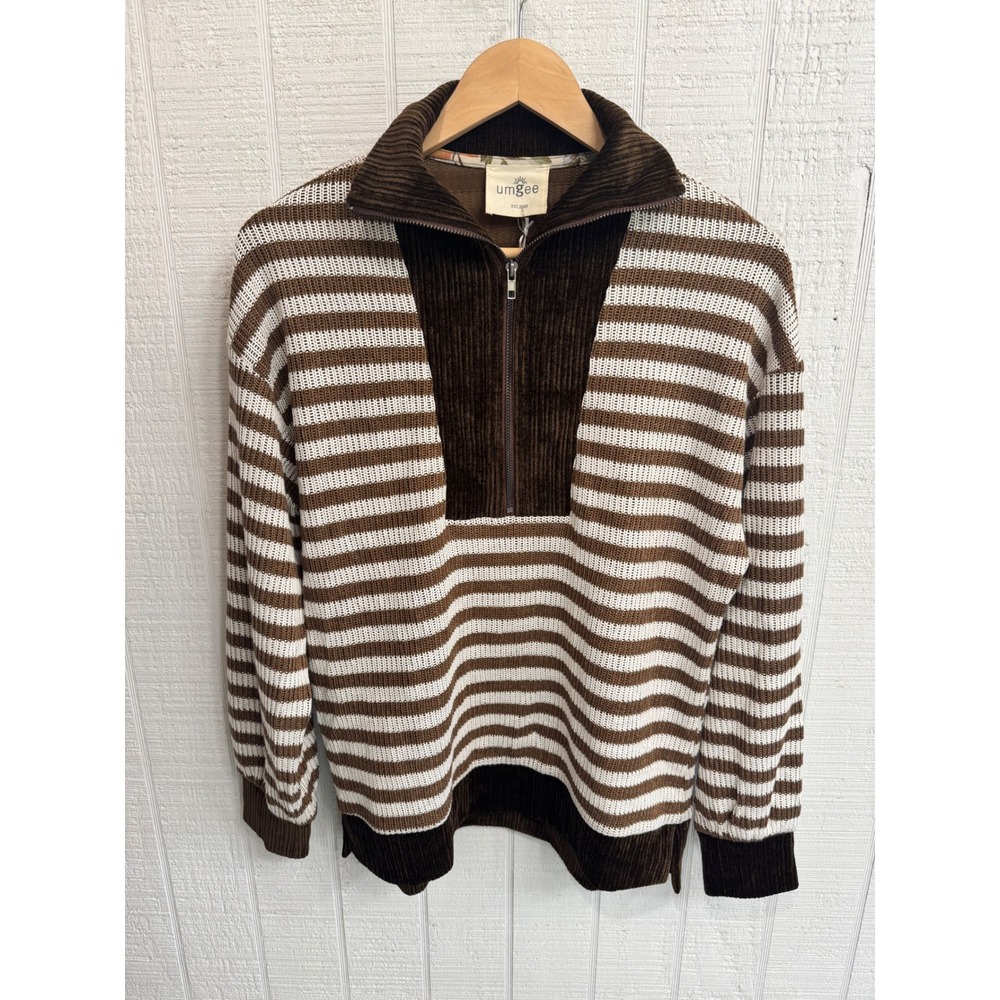 Umgee Pullover Sweater Womens Mocha Striped Corduroy Quarter Zip NWT Small